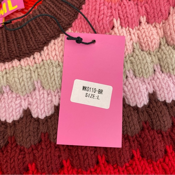 THML Textured Chunky Knit Striped Puffy Crewneck Sweater Red Pink - Picture 13 of 14